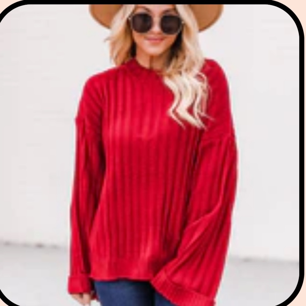 Pink Lily- Days Away Red Ribbed Cuffed Sleeve Sweater- Size Medium